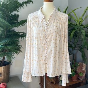 Free People Yellow Cream Button Down Blouse L